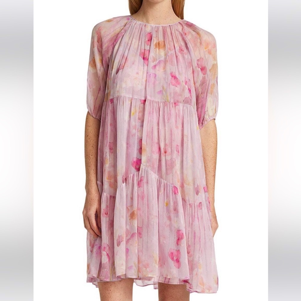 New The Kooples Pink Floral Print Tiered Dress